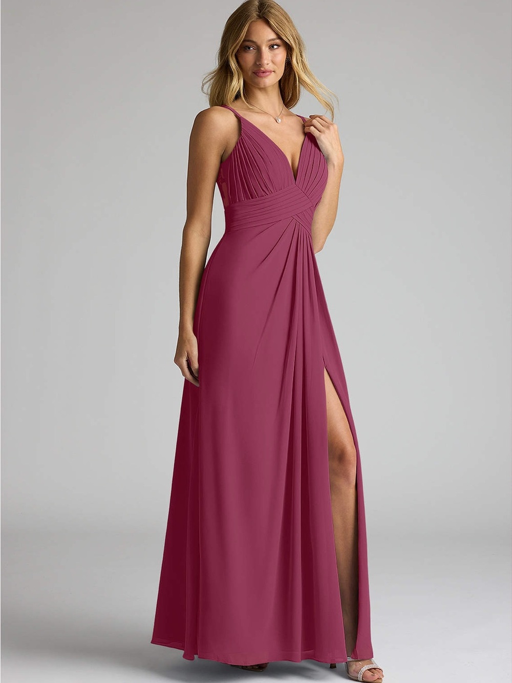 Azazie Sleeveless V-Neck Maxi Dress in mulberry size 12